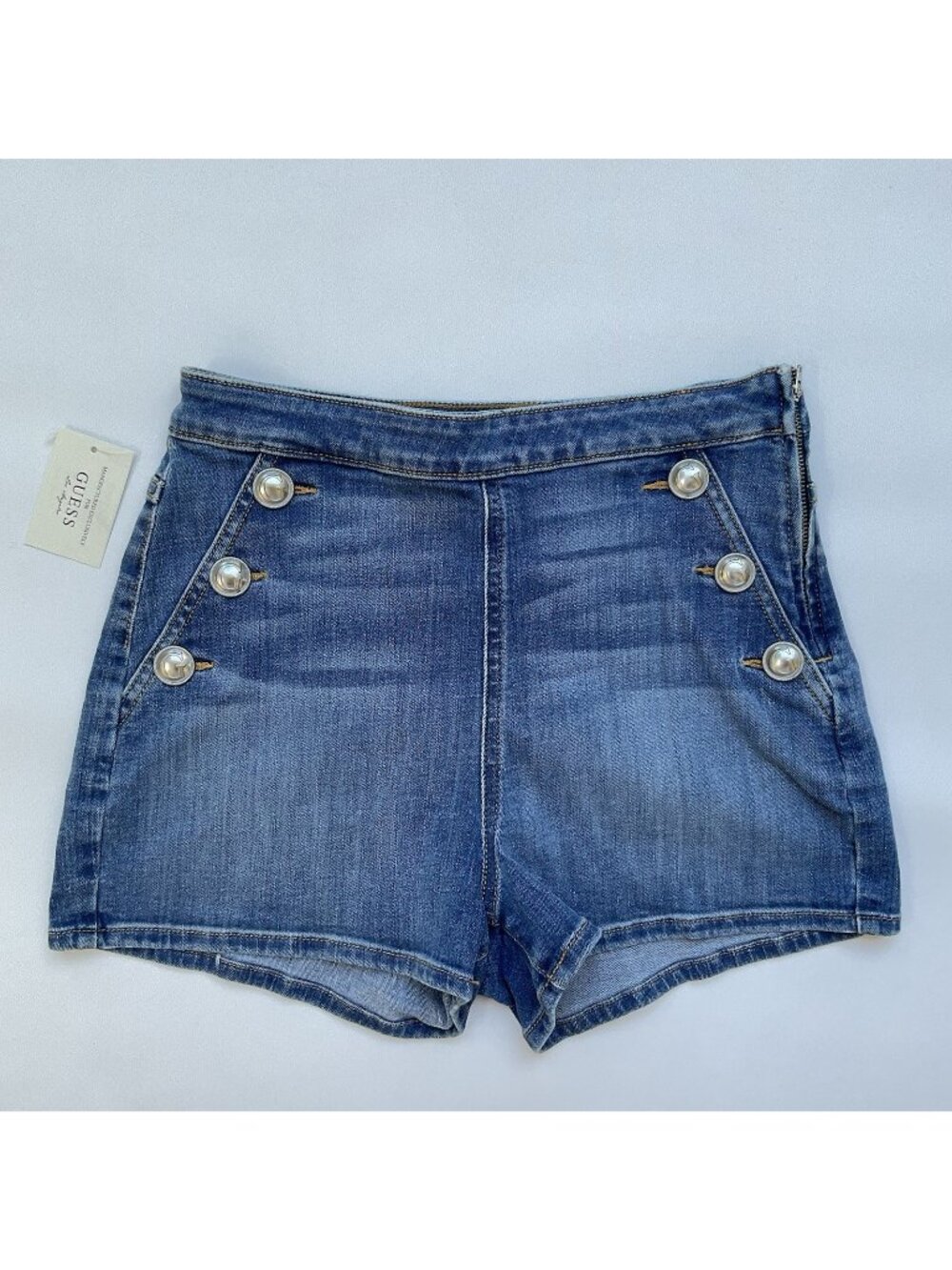 Guess Women’s High Rise Short Blue Super Stretch Big Buttons Side Zipper Size 27